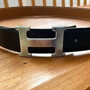 Hermes Reversible Black/Brown Leather Belt with Silver Buckle - 32”
